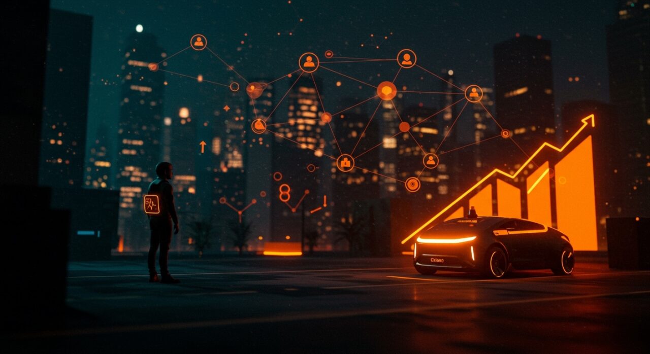 Robotaxi futurista de Uber en movilidad autónoma destacando alianzas tecnológicas e innovación para el futuro del transporte.