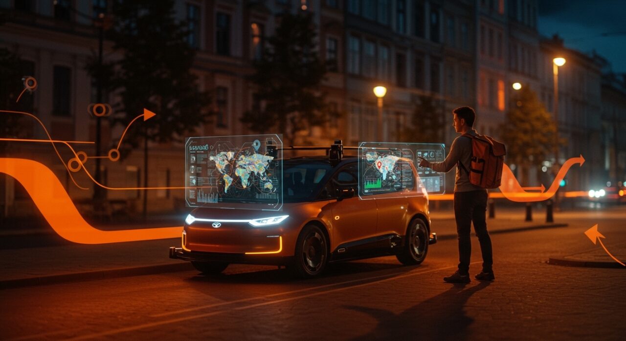 Escena futurista de movilidad autónoma de Uber en Europa, integrando innovación tecnológica y expansión global en el sector startup.