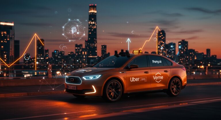 Primer robotaxi comercial de Uber y Pony.ai en Europa, mostrando movilidad autónoma y transporte inteligente en un entorno urbano futurista.