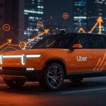 Robotaxi autónomo Uber y Rivian en ciudad nocturna simbolizando movilidad autónoma y tecnologías robóticas disruptivas.