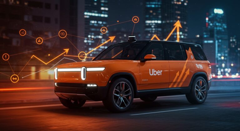 Robotaxi autónomo Uber y Rivian en ciudad nocturna simbolizando movilidad autónoma y tecnologías robóticas disruptivas.