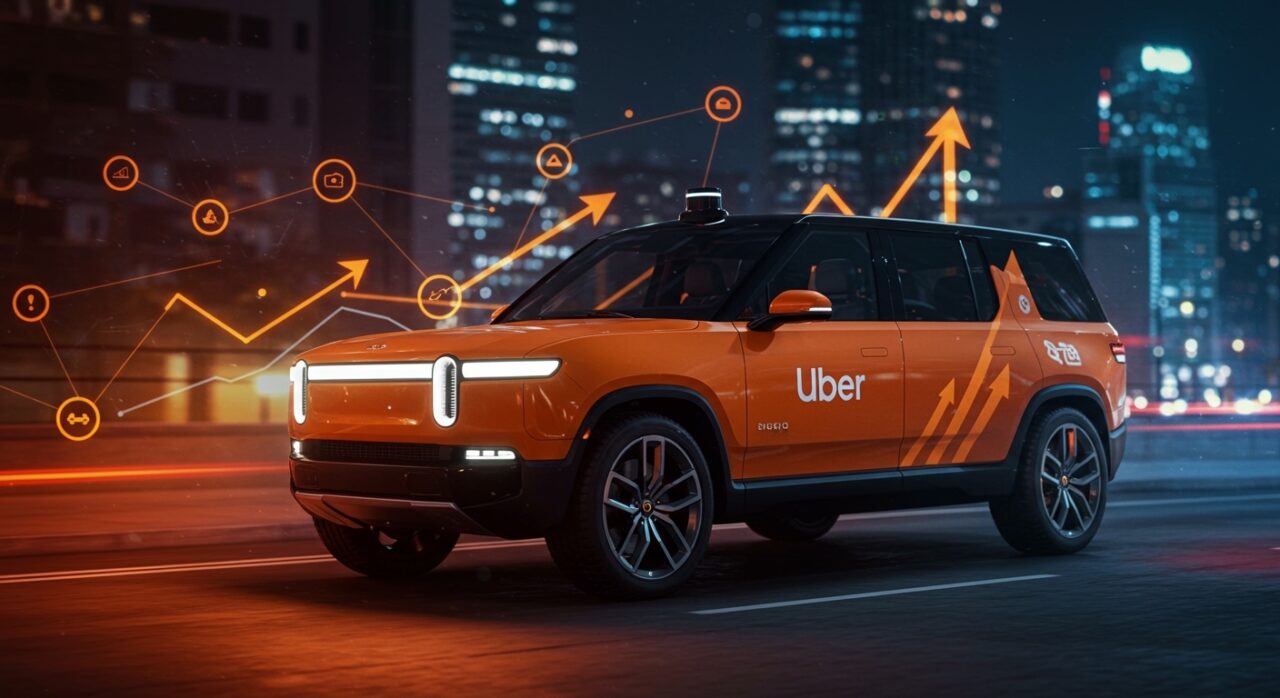 Robotaxi autónomo Uber y Rivian en ciudad nocturna simbolizando movilidad autónoma y tecnologías robóticas disruptivas.