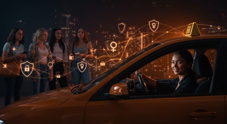 Conductora y pasajeras mujeres de Uber en EE. UU., destacando la preferencia de género y seguridad en la movilidad urbana con tecnología avanzada.