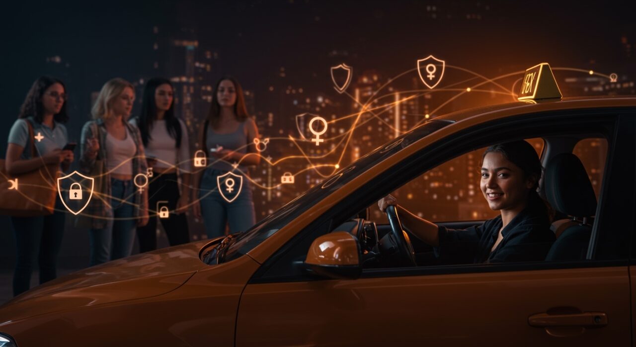 Conductora y pasajeras mujeres de Uber en EE. UU., destacando la preferencia de género y seguridad en la movilidad urbana con tecnología avanzada.