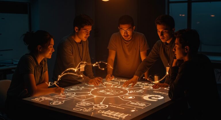 Estudiantes universitarios colaborando en modelos de negocio sostenibles mediante Lean Start Up y Design Thinking en programa formativo de emprendimiento.