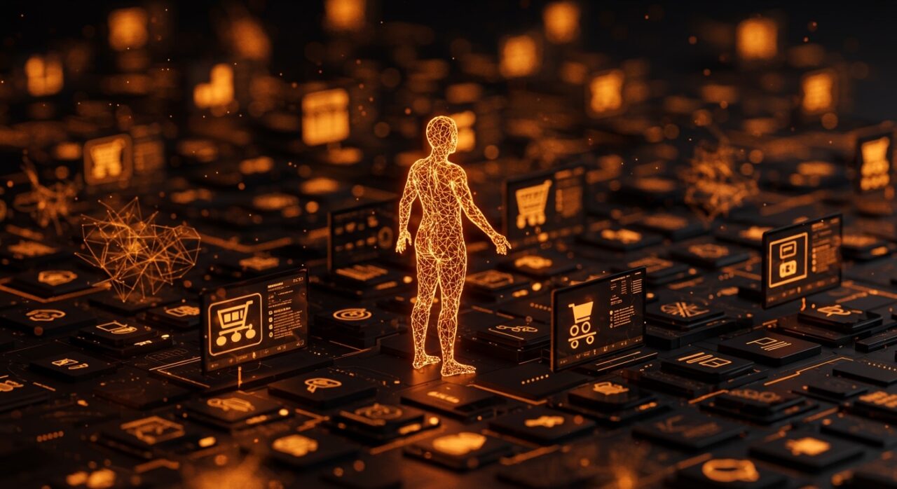 Representación visual del Universal Commerce Protocol (UCP) con agentes de IA interactuando en un ecosistema de tiendas online para transformar el e-commerce usando inteligencia artificial.