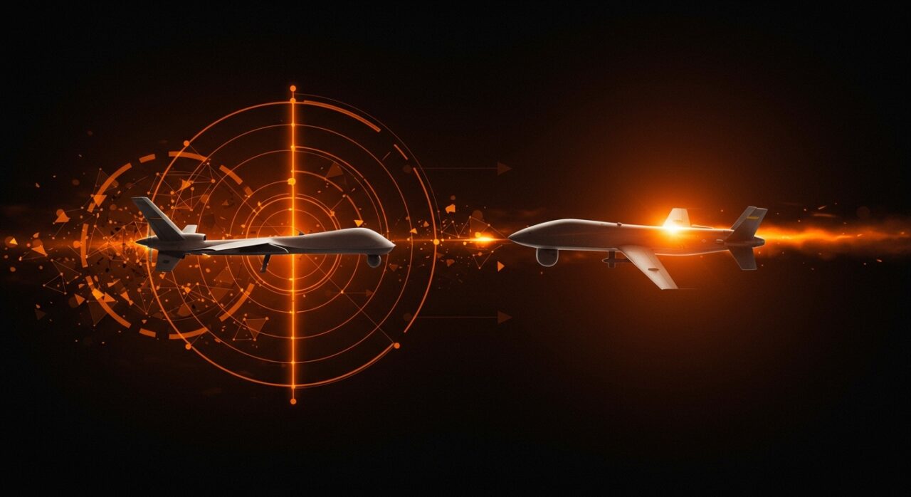 Dron interceptor ucraniano de bajo costo interceptando un dron Shahed ruso, ilustrando la innovación tecnológica en defensa aérea y tecnología militar en Ucrania.