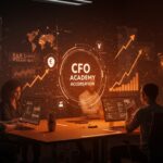 Emprendedores tecnológicos colaborando en fintech y startups B2B con elementos visuales de aceleradora y fundraising en tonos naranja y negro.