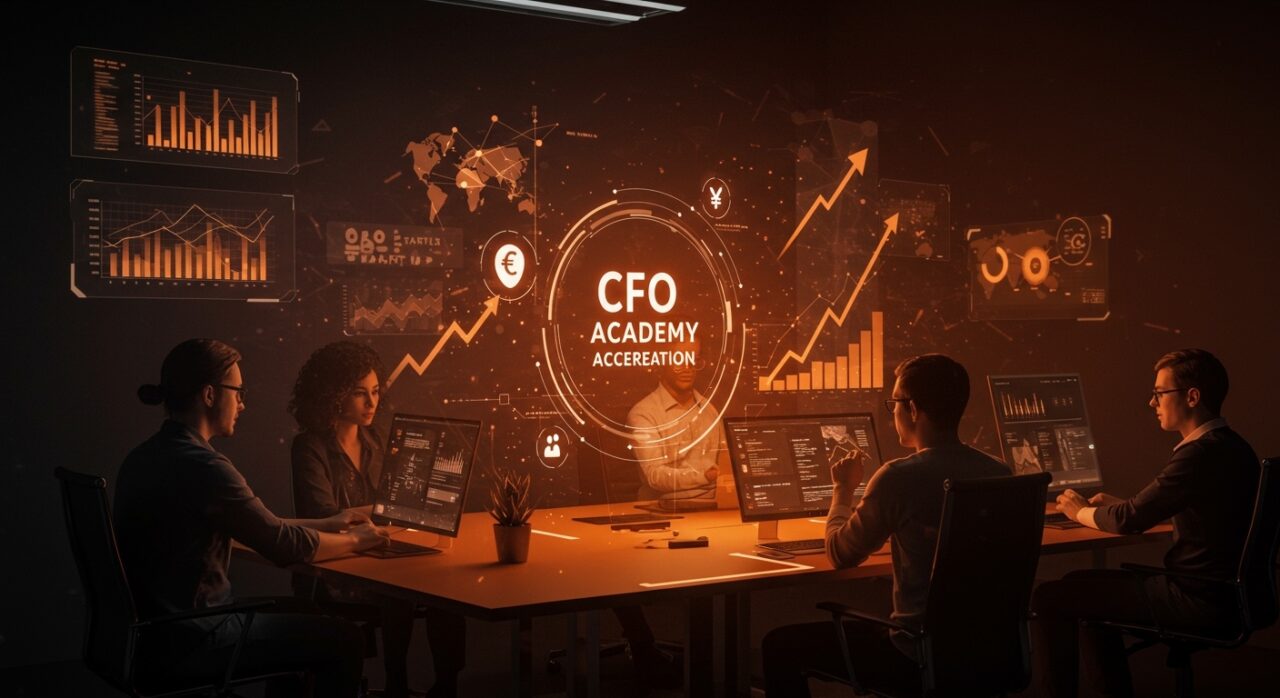 Emprendedores tecnológicos colaborando en fintech y startups B2B con elementos visuales de aceleradora y fundraising en tonos naranja y negro.