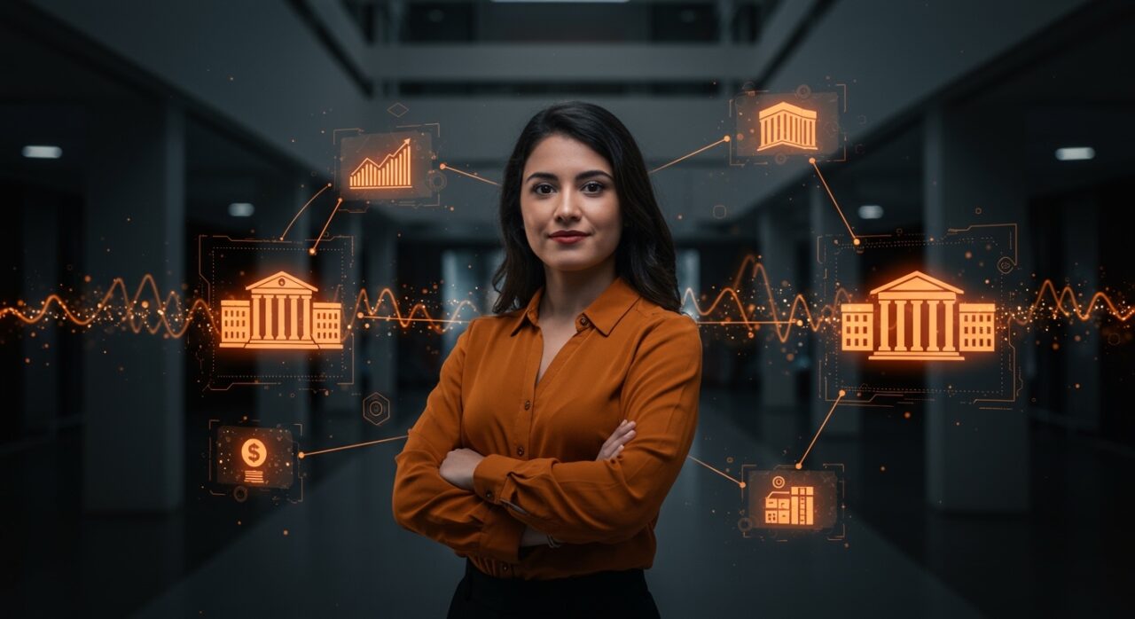 Carolina Valenzuela liderando la expansión de Udocz en edtech con inteligencia artificial para universidades latinoamericanas en un entorno tecnológico y moderno.