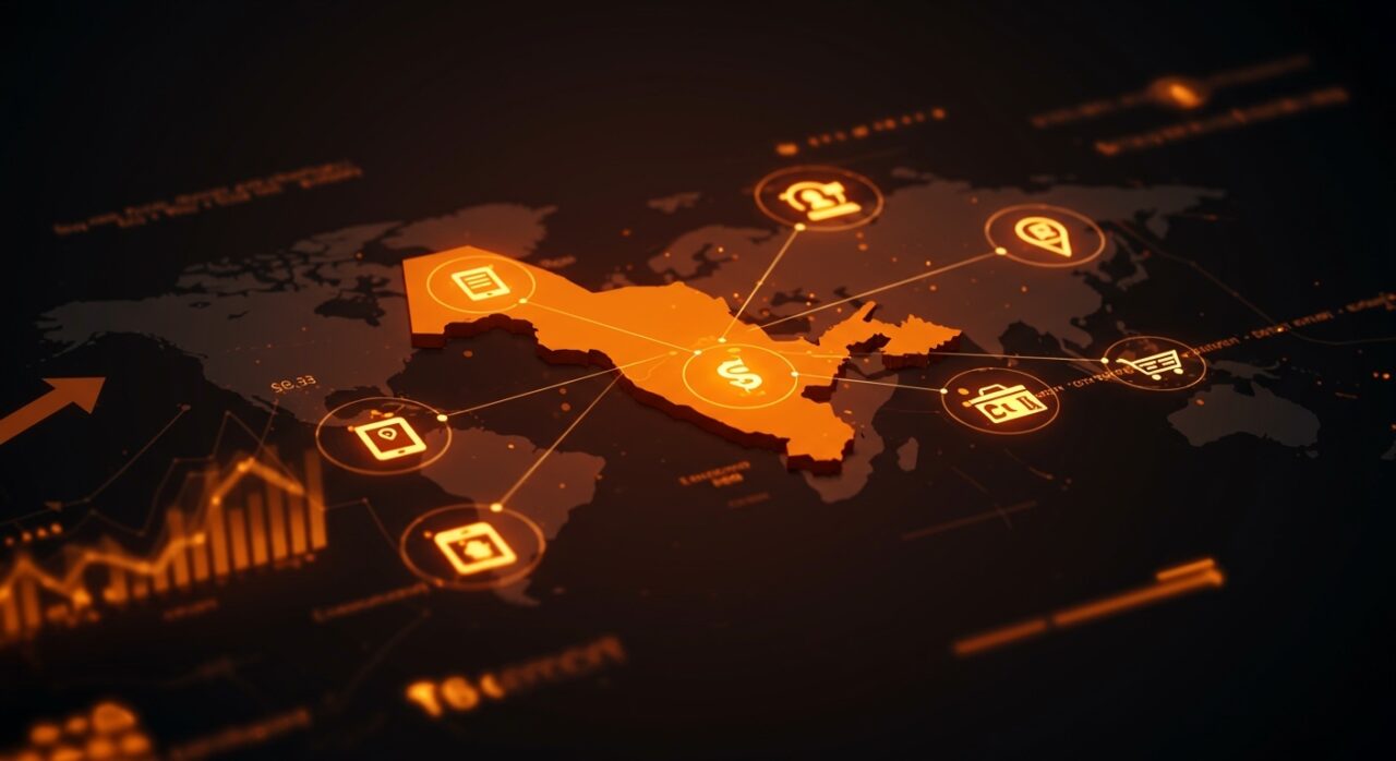 Mapa digital de Uzbekistán resaltando el ecosistema fintech Uzum con iconografía de crecimiento y inversión, reflejando su valoración de 2.3 billones y su impacto en Asia Central.