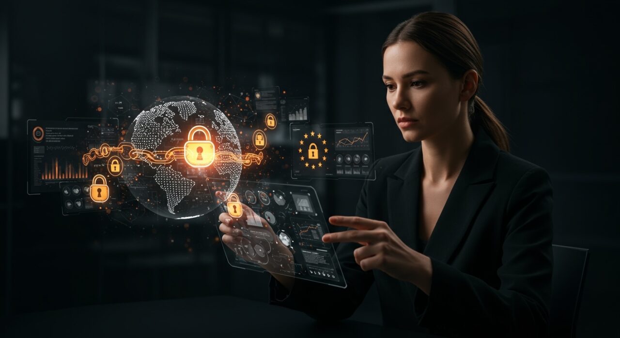 Profesional analizando interfaces digitales de gobernanza de IA con elementos simbólicos de Web3 y cumplimiento del reglamento europeo.