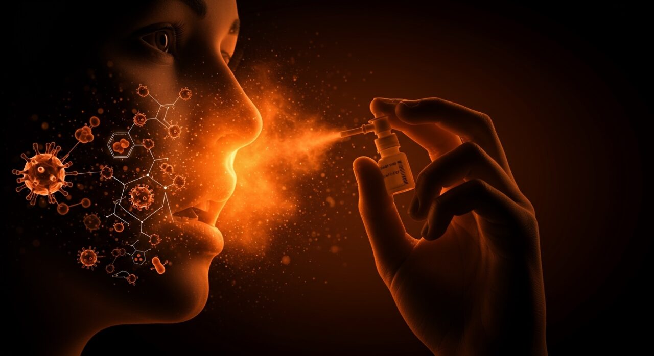 Vacuna universal intranasal de Stanford Medicine representada con spray nasal y escudo protector, enfatizando innovación médica y biotecnología en salud.