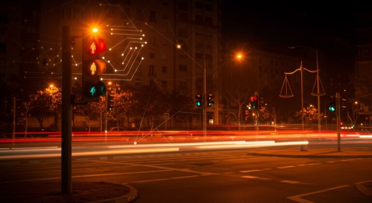 Intersección urbana en Valencia con semáforo mostrando luces verde y rojo simultáneamente, simbolizando gestión tecnológica y movilidad urbana en smart traffic.