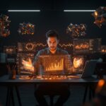 Emprendedor analizando datos empresariales para preparación de IA con visualización de estructuras luminosas de calidad y observabilidad de datos.