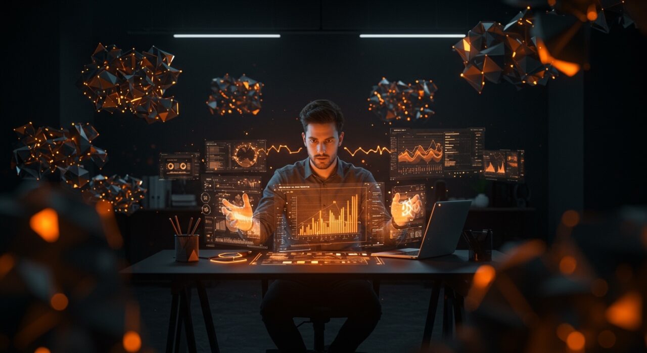 Emprendedor analizando datos empresariales para preparación de IA con visualización de estructuras luminosas de calidad y observabilidad de datos.