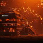 Visualización del colapso de valoración de Allbirds con metáforas visuales de corrección de valoración y riesgos en startups de consumo del mercado tecnológico.