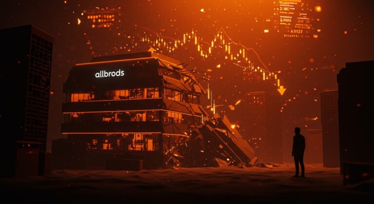 Visualización del colapso de valoración de Allbirds con metáforas visuales de corrección de valoración y riesgos en startups de consumo del mercado tecnológico.