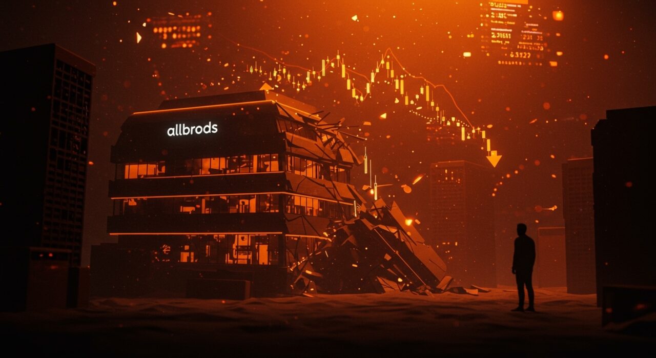 Visualización del colapso de valoración de Allbirds con metáforas visuales de corrección de valoración y riesgos en startups de consumo del mercado tecnológico.