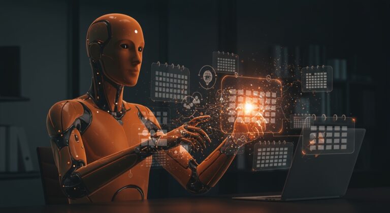 IA sofisticada automatizando la programación compleja de reuniones multi-canal para empresas, destacando la innovación en herramientas inteligentes de scheduling.