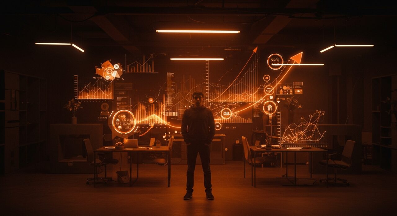 Venture capital en Chihuahua representado por fundador de startup con hologramas de crecimiento e inversión tecnológica en Ecosistema Startup.