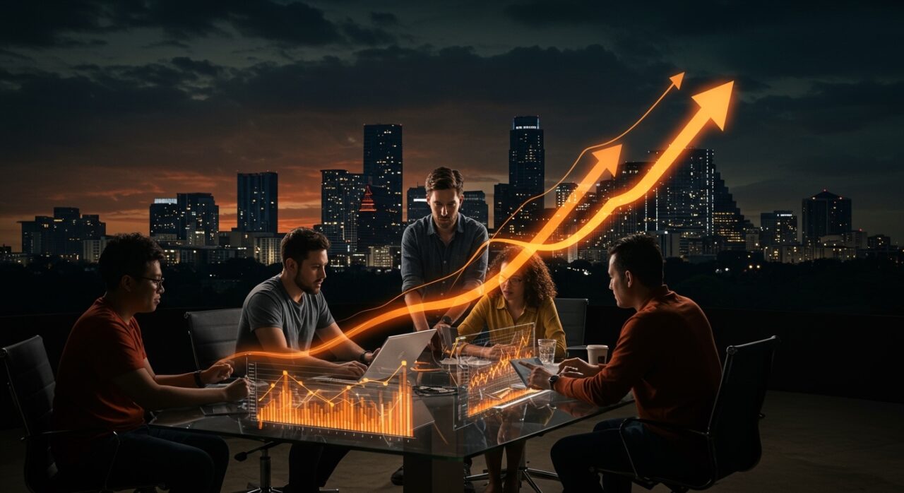 Grupo de fundadores tecnológicos colaborando en Austin con elementos visuales que representan venture funding récord y crecimiento en startups.