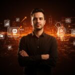 Guillermo Rauch liderando innovación en SaaS con integración de IA y Claude Code en un entorno tecnológico futurista.