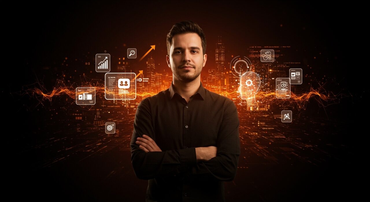 Guillermo Rauch liderando innovación en SaaS con integración de IA y Claude Code en un entorno tecnológico futurista.