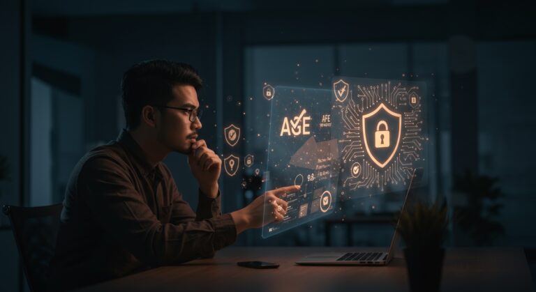 Fundador de startup tech analizando verificación de edad y privacidad digital en panel digital moderno, impacto en modelos de negocio tecnológicos.