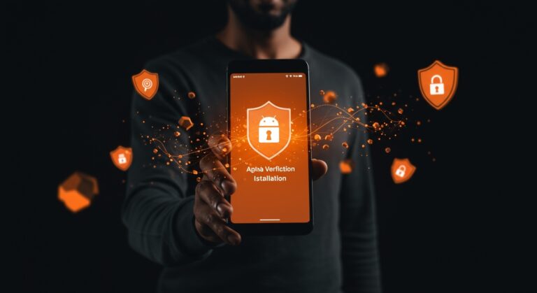 Fundador de startup verificando identidad en smartphone para instalación segura de apps Android según nuevos requisitos de Google en 2026.