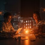 Founders creando apps funcionales sin programar mediante vibe coding con Claude Code y automatización IA en un entorno futurista.