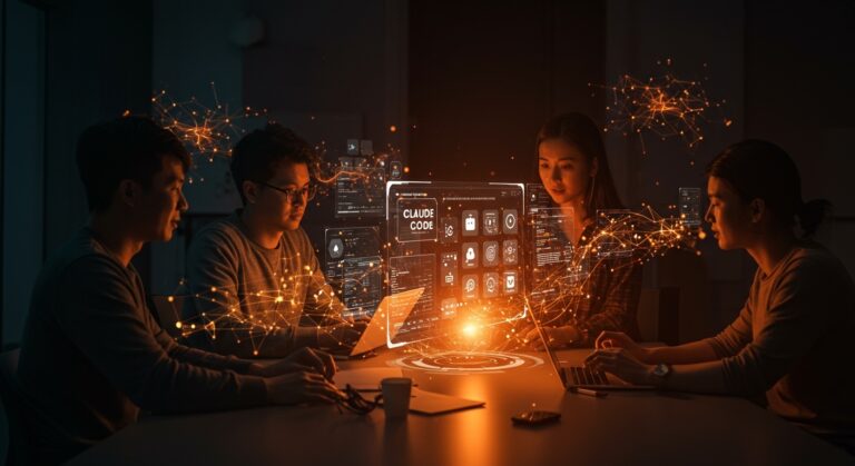 Founders creando apps funcionales sin programar mediante vibe coding con Claude Code y automatización IA en un entorno futurista.