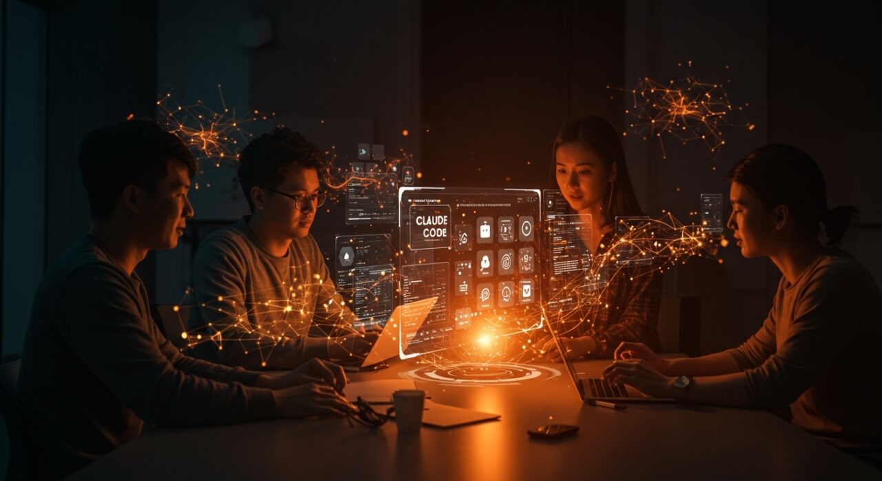 Founders creando apps funcionales sin programar mediante vibe coding con Claude Code y automatización IA en un entorno futurista.