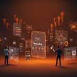 Fundadores tecnológicos colaborando en creación y validación de apps con inteligencia artificial mediante vibecoding en un entorno digital futurista.