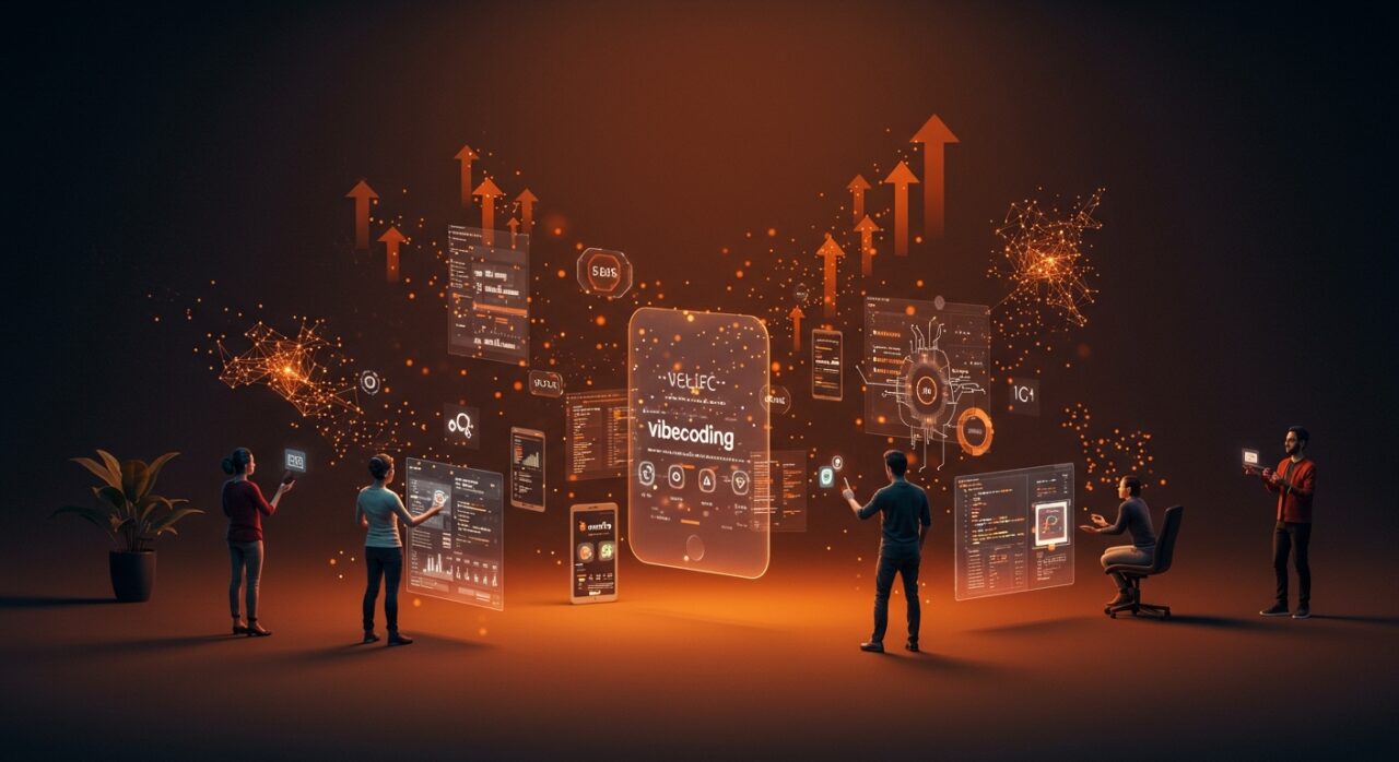 Fundadores tecnológicos colaborando en creación y validación de apps con inteligencia artificial mediante vibecoding en un entorno digital futurista.