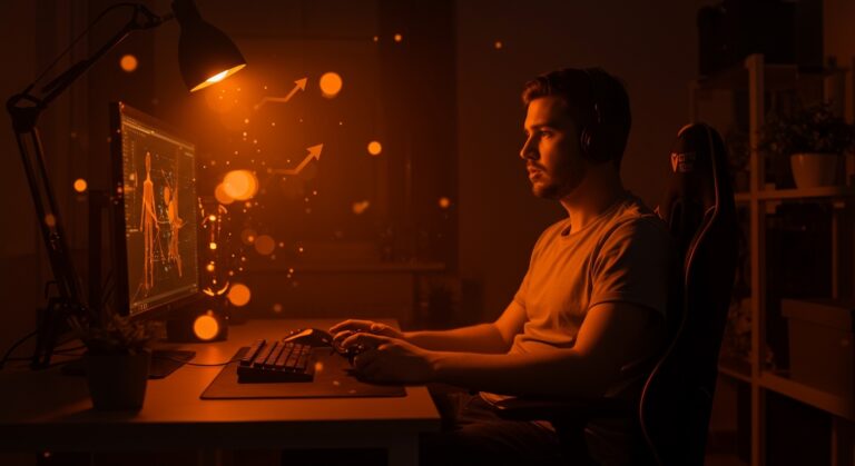 Adulto millennial jugando videojuegos a los 30, reflejando resiliencia y bienestar mental en ambiente moderno y elegante.