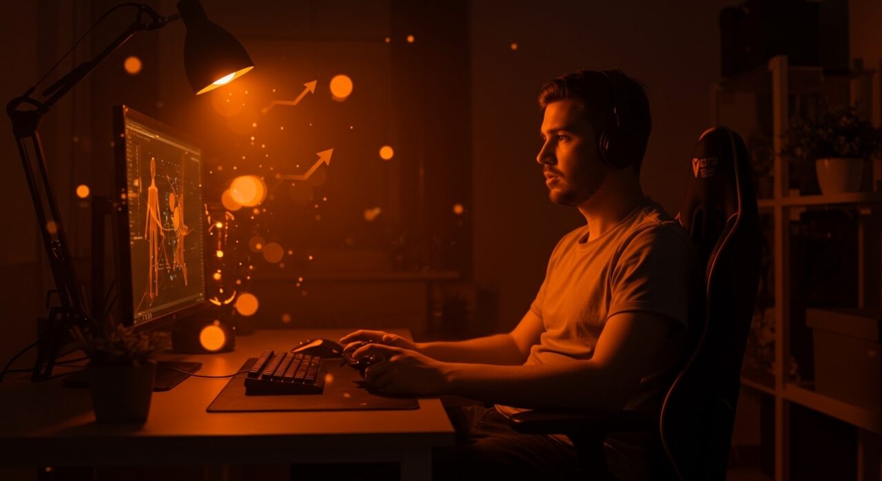 Adulto millennial jugando videojuegos a los 30, reflejando resiliencia y bienestar mental en ambiente moderno y elegante.