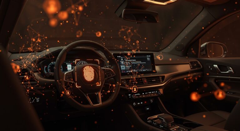 Vehículo nuevo con sensores biométricos integrados destacando la vigilancia automotriz y la privacidad de datos en tecnología automotriz desde 2027.
