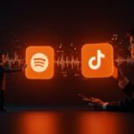 Integración visual de Spotify y Apple Music con TikTok para guardar música automáticamente en streaming, destacando la automatización en redes sociales.