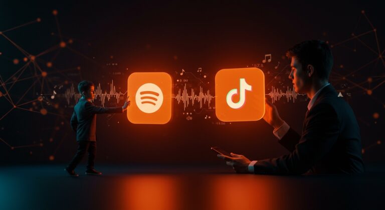 Integración visual de Spotify y Apple Music con TikTok para guardar música automáticamente en streaming, destacando la automatización en redes sociales.