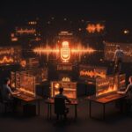 Evaluación avanzada de modelos de voice AI en startups tech con Voice Showdown de Scale AI, mostrando benchmarking y análisis multilingüe en un entorno futurista.