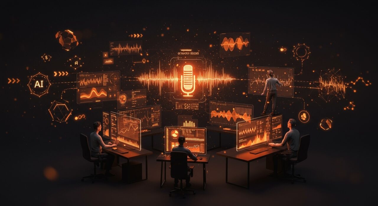 Evaluación avanzada de modelos de voice AI en startups tech con Voice Showdown de Scale AI, mostrando benchmarking y análisis multilingüe en un entorno futurista.