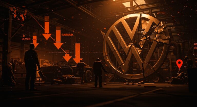 Recorte de empleos en Volkswagen ante crisis en China y fallos tecnológicos, captura visual editorial en tonos naranja y negro.