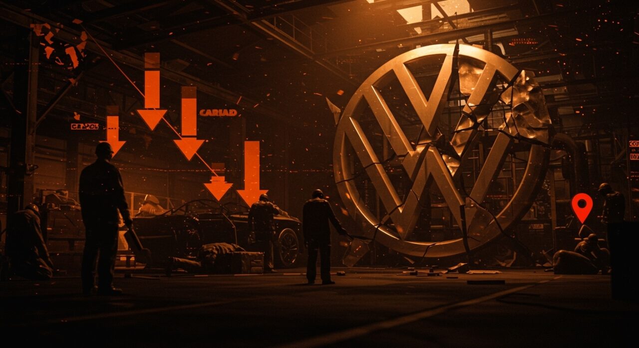 Recorte de empleos en Volkswagen ante crisis en China y fallos tecnológicos, captura visual editorial en tonos naranja y negro.
