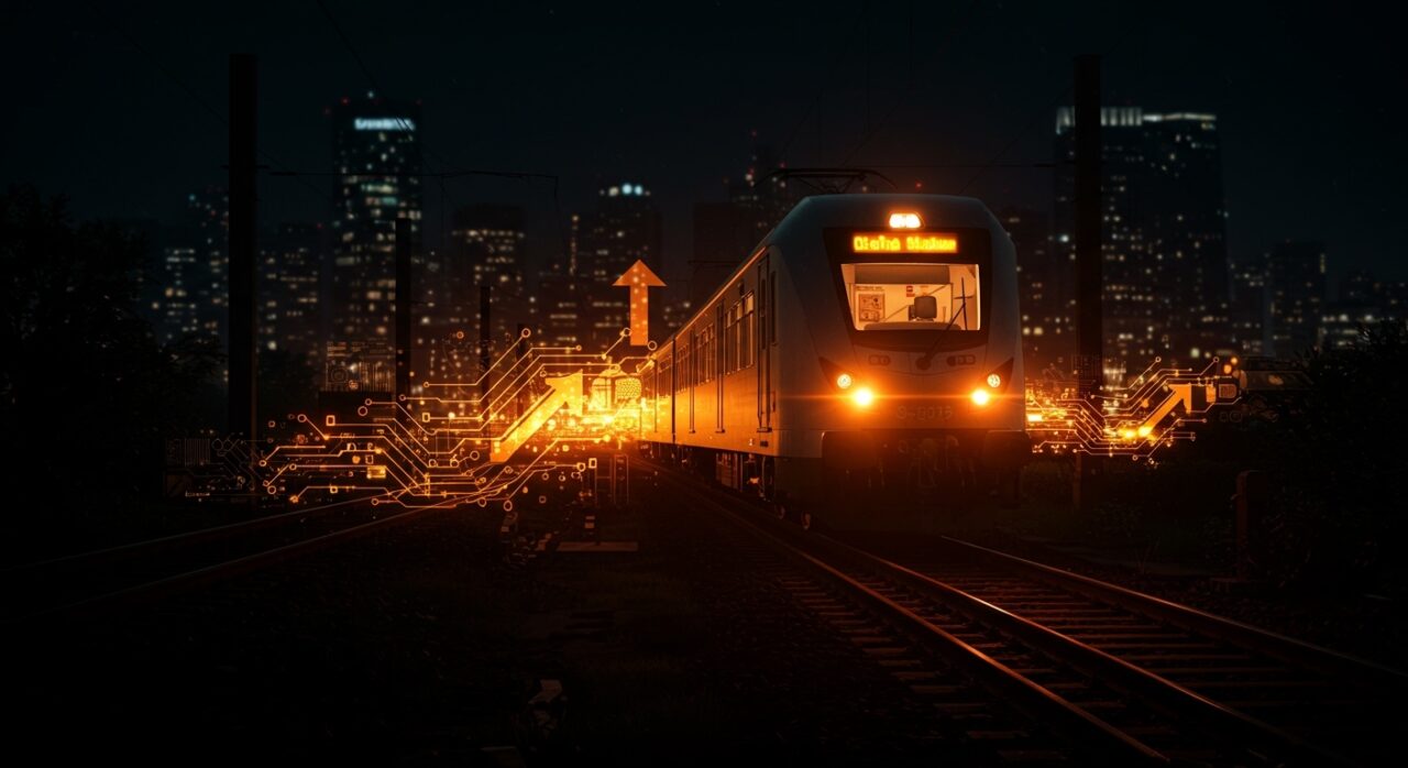 Tren eléctrico moderno en electrificación ferroviaria sostenible impulsado por innovación y financiación startup.