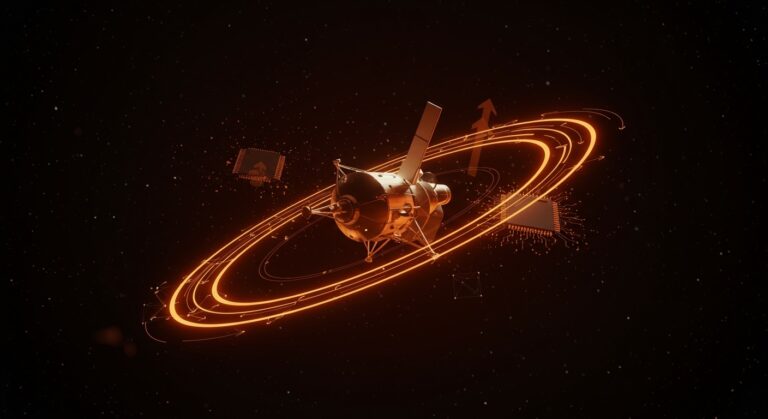 Imagen cinematográfica de la Voyager 1 destacando ingeniería robusta y lecciones para founders tech con estética naranja y negra.