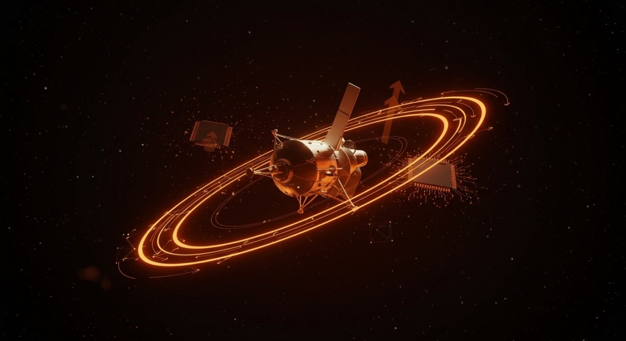 Imagen cinematográfica de la Voyager 1 destacando ingeniería robusta y lecciones para founders tech con estética naranja y negra.