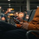 Fundador utilizando VPN y powerbank para asegurar la seguridad digital en viajes tecnológicos y conexiones en redes WiFi públicas.