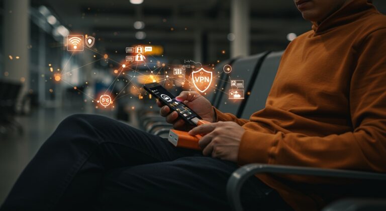 Fundador utilizando VPN y powerbank para asegurar la seguridad digital en viajes tecnológicos y conexiones en redes WiFi públicas.