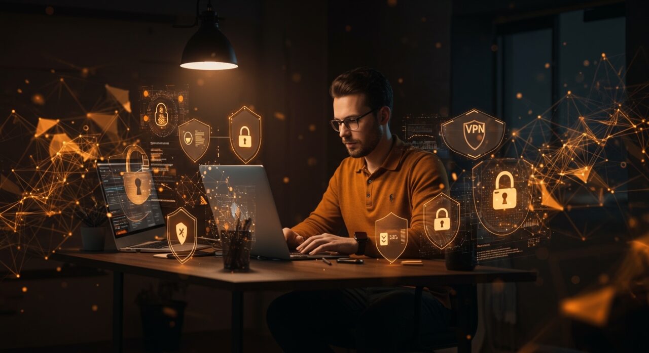 Founder tech utilizando VPN Surfshark para protección de datos y privacidad online en startup segura.